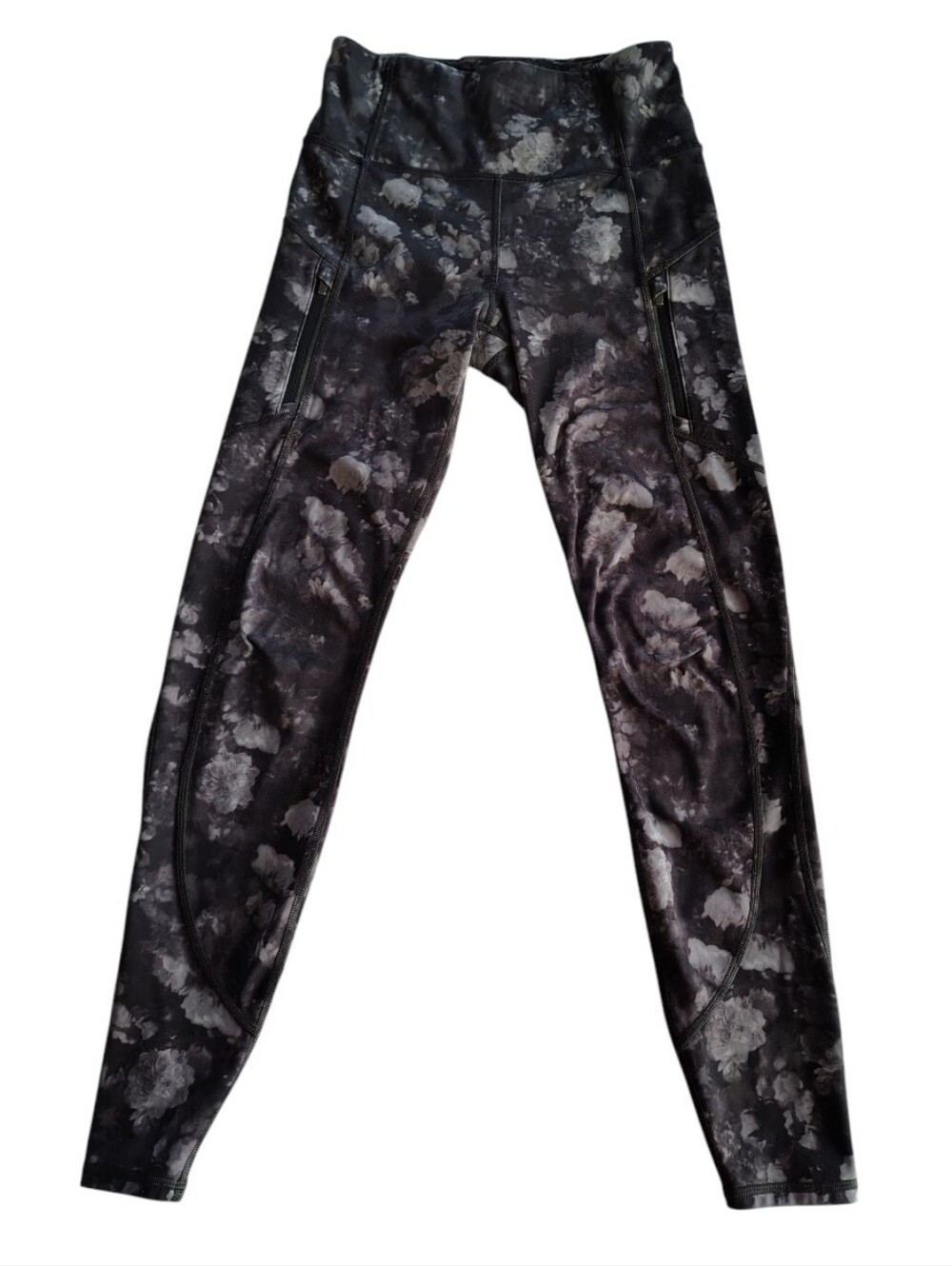 Athleta Black Gray Floral Paint Multi Pocket Athletic Yoga Leggings Size XS